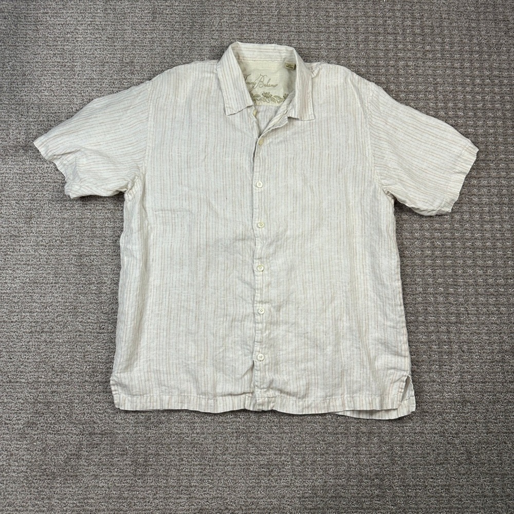Tommy Bahama Mens Large 100% Linen Striped Short Sleeve Button Down Shirt Cream